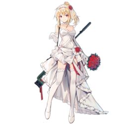  bare_shoulders blonde_hair bolt_action bouquet breasts choker cleavage closed_mouth collarbone dress elbow_gloves female flower full_body girls&#039;_frontline gloves gun hair_flower hair_ornament hairband holding holding_bouquet huanxiang_heitu long_hair looking_at_viewer medium_breasts official_alternate_costume official_art ponytail red_eyes red_flower red_rose rifle rose smile sniper_rifle solo standing sv-98 sv-98_(girls&#039;_frontline) sv-98_(pierce_your_heart!)_(girls&#039;_frontline) thighhighs third-party_source transparent_background weapon weapon_on_back wedding_dress white_choker white_footwear white_gloves white_thighhighs 