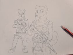  4:3 absurd_res anthro assault_rifle canid canine clothing duo graphite_(artwork) gun hi_res holding_object holding_weapon looking_at_another male mammal military military_uniform pencil_(artwork) ranged_weapon rifle simple_background sniper_rifle soldier svd traditional_media_(artwork) uniform warrior weapon wolfyalex96 