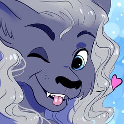  1:1 anthro azrael_(tertia) black_kitty black_nose blue_background blue_eyes canid canine canis close-up dark_eyebrows dark_eyelids digital_drawing_(artwork) digital_media_(artwork) fangs fur grey_body grey_fur grey_hair hair heart_symbol inner_ear_fluff looking_at_viewer male male_(lore) mammal one_eye_closed simple_background smile solo teeth tongue tongue_out tuft wavy_hair wink wolf 