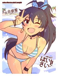  antenna_hair aqua_bikini artist_name bad_id bad_twitter_id beach bikini black_collar black_hair blue_eyes blue_ribbon blue_sky blush border bracelet breasts character_name cleavage cloud collar collarbone commentary covered_nipples earrings female ganaha_hibiki hair_ribbon hand_on_own_thigh hand_up idolmaster idolmaster_(classic) inactive_account jewelry large_breasts long_hair looking_at_viewer ocean oerba_yun_fang one_eye_closed open_mouth palm_tree paw_collar polka_dot polka_dot_ribbon pongldr ponytail ribbon sky smile solo stomach striped_bikini striped_clothes subscribestar_username swimsuit tan tanlines thighs tree v water web_address wet white_border wristband 