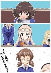  4girls :d akiyama_yukari bc_freedom_school_uniform black-framed_eyewear black_skirt blonde_hair blue_necktie blue_sweater brown_eyes brown_hair camera cardigan closed_eyes closed_mouth commentary dress_shirt drill_hair girls_und_panzer glasses green_eyes headset highres holding holding_camera long_hair long_sleeves low_twintails marie_(girls_und_panzer) messy_hair miniskirt multiple_girls nao_(nao_puku777) necktie open_mouth ou_taiga own_hands_together school_uniform shirt short_hair short_twintails sitting skirt smile sofue_(girls_und_panzer) standing sweater twintails v_arms video_camera white_shirt wing_collar 