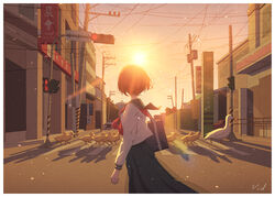  artist_name bag bird blue_skirt commentary crosswalk duck duckling female handbag highres long_sleeves original outdoors power_lines school_uniform serafuku shadow short_hair skirt solo sunlight sunset traffic_light twilight utility_pole vivid507 