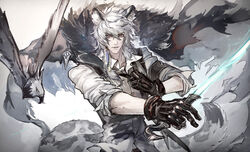  1boy animal_ears arknights bird black_necktie brown_eyes cape collarbone collared_shirt commentary_request concealed_weapon floating_cape fur_trim gloves hair_between_eyes hawk holding holding_sword holding_weapon looking_at_viewer loose_necktie male_focus medium_hair necktie parted_lips ryuuzaki_ichi shirt silverash_(arknights) silverash_(elite_ii)_(arknights) sleeves_rolled_up snow_leopard_boy snow_leopard_ears snow_leopard_tail sword sword_cane tail tenzin_(arknights) upper_body v-shaped_eyebrows weapon white_hair 