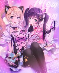  2girls after_kiss animal_ears ayase_eli bad_id bad_pixiv_id bell black_thighhighs blonde_hair breasts cat_ears chocolate choker collarbone cross-laced_clothes cross-laced_top elbow_gloves frills gloves hair_ornament highres large_breasts letter_hair_ornament lipstick_mark long_hair looking_at_viewer love_live! love_live!_school_idol_project mouth_hold multiple_girls neck_bell purple_hair signature sitting smile swept_bangs thighhighs tojo_nozomi twintails valentine white_gloves yuri zawawa_(satoukibi1108) 