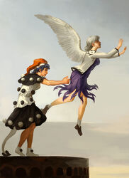  2girls amibazh angel_wings beige_jacket blue_eyes blue_hair bow bowtie braid brown_footwear doremy_sweet dream_soul dress faux_traditional_media feathered_wings fine_art_parody french_braid hat kanchou kishin_sagume long_hair multiple_girls nightcap parody pom_pom_(clothes) purple_dress purple_skirt red_bow red_bowtie red_eyes short_hair single_wing skirt tail tapir_tail texture touhou white_hair white_wings wings 