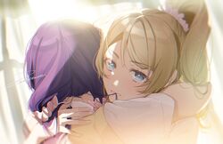  2girls ayase_eli bad_id bad_pixiv_id blonde_hair blue_eyes eyelashes film_grain hair_in_own_mouth hug looking_at_viewer loose_hair_strand love_live! love_live!_school_idol_project multiple_girls nape otonokizaka_school_uniform purple_hair school_uniform scrunchie shirt short_sleeves signature sunlight sweater_vest tojo_nozomi upper_body white_shirt yuri zawawa_(satoukibi1108) 