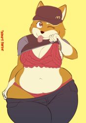  absurd_res anthro belly big_breasts black_nose bra breasts brown_body brown_clothing brown_eyes brown_fur brown_hat brown_headwear canid canine canis cleavage clothed clothing clothing_lift doge dogelore domestic_dog exposure_variation female fur gloves_(marking) hat headgear headwear hi_res holly_avenue lingerie lingerie_panties mammal markings mcdonald&#039;s meme navel one_eye_closed overweight overweight_anthro overweight_female panties partially_clothed red_bra red_clothing red_underwear shiba_inu shirt shirt_lift signature simple_background skindentation spitz thick_thighs three-quarter_view tongue tongue_out toonarscontent topwear underwear white_belly wink yellow_background 