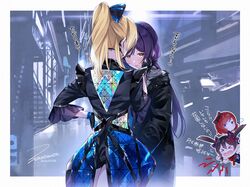  aiguillette ayase_eli bad_id bad_pixiv_id black_gloves black_shirt blonde_hair bow chibi chibi_inset coat commentary_request cowboy_shot fingerless_gloves from_behind gloves hair_ribbon hairbow hand_on_another&#039;s_cheek hand_on_another&#039;s_face hand_on_own_hip headset high_ponytail long_hair love_live! love_live!_school_idol_project multiple_girls nishikino_maki ponytail ribbon shirt short_sleeves signature swept_bangs tojo_nozomi translation_request yazawa_nico yuri zawawa_(satoukibi1108) 