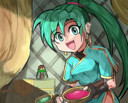  :d absurdres blue_dress bowl chibi commentary cup curtains derivative_work dress earrings english_commentary female fingerless_gloves fire_emblem fire_emblem:_the_blazing_blade gloves green_eyes green_hair highres jewelry looking_at_viewer lyn_(fire_emblem) mark_(fire_emblem:_the_blazing_blade) mug no_nose open_mouth ponytail saiykik screenshot_redraw smile sprite 