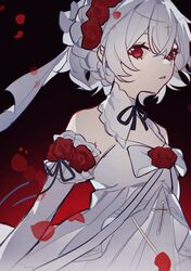  absurdres bare_shoulders black_background black_ribbon commentary_request detached_sleeves dress female flower gradient_background hair_between_eyes hair_flower hair_ornament haruka_(rsyaooooo) highres honkai_(series) honkai_impact_3rd long_sleeves looking_at_viewer parted_lips petals red_background red_eyes red_flower red_rose ribbon rose solo theresa_apocalypse theresa_apocalypse_(luna_kindred) white_dress white_hair white_sleeves 