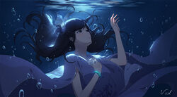  air_bubble artist_name black_eyes black_hair bubble commentary_request dress female flower hair_flower hair_ornament hand_up highres long_hair looking_up original purple_dress underwater upper_body vivid507 