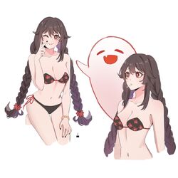  artist_request bikini black_bikini black_nails boo_tao_(genshin_impact) braid bright_pupils brown_hair candy female flower-shaped_pupils flower_bikini food genshin_impact ghost hair_between_eyes highres hu_tao_(genshin_impact) lollipop long_hair looking_at_viewer one_eye_closed orange_eyes side-tie_bikini_bottom simple_background solo swimsuit symbol-shaped_pupils twin_braids v 