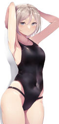  absurdres armpits arms_behind_head arms_up black_one-piece_swimsuit blue_eyes breasts brown_eyes commentary_request competition_school_swimsuit competition_swimsuit covered_navel cowboy_shot female grey_hair highres kairi_(miry666) looking_at_viewer medium_breasts one-piece_swimsuit original presenting_armpit school_swimsuit short_hair short_ponytail simple_background solo swimsuit white_background 