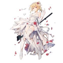  bare_shoulders blonde_hair bolt_action bouquet breasts choker cleavage closed_mouth collarbone dress elbow_gloves female flower full_body girls&#039;_frontline gloves gun hair_flower hair_ornament hairband huanxiang_heitu light_frown long_hair looking_at_viewer medium_breasts official_alternate_costume official_art panties petals ponytail red_eyes red_flower red_rose rifle rose shoes single_shoe sniper_rifle solo sv-98 sv-98_(girls&#039;_frontline) sv-98_(pierce_your_heart!)_(girls&#039;_frontline) thighhighs third-party_source torn_clothes torn_dress torn_gloves torn_thighhighs transparent_background underwear weapon weapon_on_back wedding_dress white_choker white_footwear white_gloves white_panties white_thighhighs 