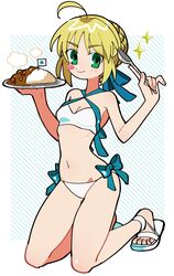  absurdres ahoge artoria_pendragon_(fate) artoria_pendragon_(swimsuit_archer)_(fate) artoria_pendragon_(swimsuit_archer)_(first_ascension)_(fate) bikini blonde_hair blue_background blue_bow blue_ribbon blush_stickers border bow braid braided_bun breasts closed_mouth criss-cross_halter curry curry_rice dorsiflexion fate/grand_order fate_(series) female food full_body gladiator_sandals green_eyes hair_bun hair_ribbon halterneck hands_up highres holding holding_plate holding_spoon index_finger_raised kneeling looking_at_viewer medium_breasts mini_flag outside_border plate ribbon rice sandals short_hair side-tie_bikini_bottom sidelocks single_blush_sticker single_hair_bun smile solo sparkle spoon steam striped striped_background swimsuit two-tone_background uotsu_(sabakou) v-shaped_eyebrows w_arms white_background white_bikini white_border 