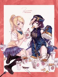  2girls ayase_eli bad_id bad_pixiv_id bandaged_leg bandages bare_shoulders blonde_hair blue_dress blue_skirt china_dress chinese_clothes chopsticks collared_shirt cup detached_sleeves disposable_cup dress eating eye_contact feeding food food_on_face fortune_cookie_(food) full_body hat highres jiangshi jiangshi_costume lipstick long_hair long_sleeves looking_at_another love_live! love_live!_school_idol_project makeup miniskirt multiple_girls ofuda otonokizaka_school_uniform oyster_pail plaid plaid_skirt pleated_skirt purple_hair qingdai_guanmao school_uniform shirt short_dress signature sitting skirt sleeveless sleeveless_dress sleeves_past_fingers sleeves_past_wrists summer_uniform sweater_vest swept_bangs takeout_container tojo_nozomi too_much_food white_shirt zawawa_(satoukibi1108) 