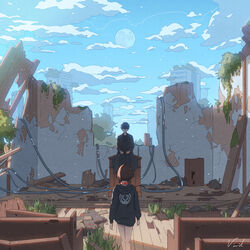  1boy arms_at_sides artist_name bench black_coat black_hair brown_hair cable cloud coat collar day female from_behind highres hood hoodie moon original outdoors pew plank red_collar ruins short_hair standing vivid507 