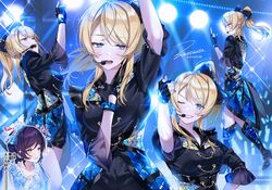  2girls aiguillette ayase_eli bad_id bad_pixiv_id black_gloves black_shirt blonde_hair blue_eyes bow commentary_request fingerless_gloves full_body gloves hair_ribbon hairbow headset high_ponytail long_hair love_live! love_live!_school_idol_project multiple_girls multiple_views music one_eye_closed ponytail ribbon shirt short_sleeves signature singing solo_focus stage stage_lights swept_bangs tojo_nozomi zawawa_(satoukibi1108) 