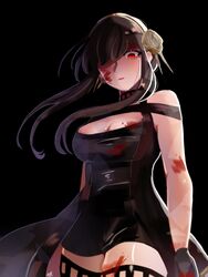  anya_lolz bare_shoulders black_background black_dress black_gloves black_hair black_thighhighs blood blood_on_arm blood_on_clothes blood_on_face breasts brown_flower brown_rose closed_mouth dress earrings female flower gloves gold_earrings gold_hairband hair_between_eyes hair_flower hair_ornament hair_over_one_eye hairband highres jewelry large_breasts looking_at_viewer red_eyes rose short_hair_with_long_locks sidelocks simple_background sleeveless sleeveless_dress smile solo spy_x_family standing thighhighs yor_briar 