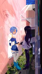  2girls absurdres against_wall aiming akemi_homura akemi_homura_(magical_girl) alley ankle_boots argyle_clothes argyle_legwear arm_at_side back_bow balcony belt black_hair black_pantyhose blue_belt blue_eyes blue_footwear blue_hair blue_skirt boots bow breasts cape character_print closed_mouth commentary_request day expressionless facing_away facing_viewer frilled_skirt frills from_side frown full_body gloves gun hair_over_face hand_on_own_arm handgun happy high_collar highres holding holding_gun holding_weapon industrial_pipe kaname_madoka leaf leaning leaning_back legs_together long_hair looking_afar looking_at_another magical_girl mahou_shoujo_madoka_magica mahou_shoujo_madoka_magica_(anime) medium_breasts mihifu miki_sayaka miki_sayaka_(magical_girl) multiple_girls mural neck_ribbon outdoors outstretched_hand pantyhose parted_lips plant pleated_skirt pointing_weapon profile purple_ribbon purple_skirt ribbon shadow short_hair skirt smile soul_gem standing straight_hair strapless sunlight symbolism talking thighhighs tile_wall tiles twintails ventilation_shaft wall weapon white_cape white_gloves white_legwear 