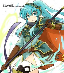  aqua_eyes aqua_hair armor belt breastplate brown_gloves cape cosplay eirika_(fire_emblem) eirika_(pledged_restorer)_(fire_emblem) ephraim_(fire_emblem) ephraim_(fire_emblem)_(cosplay) female fire_emblem fire_emblem:_the_sacred_stones fire_emblem_heroes gloves holding holding_polearm holding_weapon long_hair looking_at_viewer official_alternate_costume polearm ponytail shoulder_armor sidelocks skirt solo spear thighhighs twitter_username very_long_hair weapon white_background yukia_(firstaid0) 