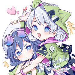  2girls :d beret bird black_hair blue_eyes chicken closed_mouth doll double_bun eyewear_on_head fu_hua fu_hua_(night_squire) green_jacket green_nails green_shirt hair_between_eyes hair_bun hat honkai_(series) honkai_impact_3rd jacket jingwei_(bird) kiana_kaslana kiana_kaslana_(knight_moonbeam) long_hair looking_at_viewer monabianou multiple_girls nail_polish open_mouth personification pink_nails shirt short_sleeves simple_background smile sunglasses sweat v-shaped_eyebrows white_background white_hair white_headwear 