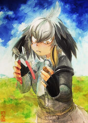  bird_wings black_gloves blonde_hair blue_sky closed_mouth cloud collared_shirt colored_pencil_(medium) commentary_request cowboy_shot day feathered_wings female fingerless_gloves gloves grey_hair grey_shirt grey_shorts head_wings highres kemono_friends layered_sleeves long_sleeves medium_hair multicolored_hair necktie outdoors seal_impression shirt shoebill_(kemono_friends) short_over_long_sleeves short_sleeves shorts sidelocks sky solo traditional_media walnut white_necktie wings yellow_eyes yukiman 