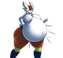  1girls anthro belly big_belly big_breasts blue_body blue_fur breasts cinderace digestion digital_media_(artwork) female female_pred fur hi_res lagomorph mammal nintendo orange_body orange_fur pok&eacute;mon_(species) pokemon post_vore round_belly rumbling_stomach simple_background smile solo starstrikex thick_thighs video_games vore weight_gain white_background white_body white_fur 