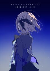  bow facing_back female from_behind hair_ornament hair_ribbon highres jacket mochizuki_kei night night_sky pink_hair project_cold ribbon sakuma_hikari school_uniform shirt short_hair skirt sky solo 