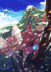  2girls blue_eyes blue_sky closed_mouth cloud crossover day double_v dragalia_lost dress fairy fairy_wings fire_emblem fire_emblem:_mystery_of_the_emblem fire_emblem_heroes green_eyes green_hair leaf long_hair multiple_girls notte_(dragalia_lost) open_mouth outdoors pink_dress pink_hair pointy_ears ponytail shadow2810 sky smile tiara tiki_(fire_emblem) tiki_(young)_(fire_emblem) tree v wings 