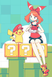  2015 2:3 ambiguous_gender clothing controller crossover day duo eye_contact female feral footwear game_controller generation_1_pokemon happy hat headgear headwear hi_res human looking_at_another makaroll mammal mario_bros may_(pokemon) nintendo nintendo_controller open_mouth open_smile pikachu pokemon pokemon_(species) semi-anthro shoes sitting smile wii_u wii_u_gamepad 