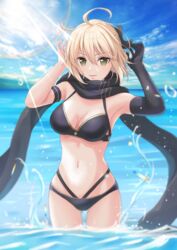  ahoge ass_visible_through_thighs asymmetrical_gloves bikini black_bikini black_bow black_gloves black_scarf blonde_hair blue_sky bow breasts cleavage cloud cowboy_shot day elbow_gloves fate/grand_order fate_(series) female floating_hair gloves hairbow layered_bikini lens_flare looking_at_viewer medium_breasts navel necocafe_lili ocean okita_j._souji_(fate) okita_j._souji_(first_ascension)_(fate) okita_souji_(fate) outdoors scarf short_hair single_glove sky solo standing sunlight swimsuit thigh_gap uneven_gloves wading 