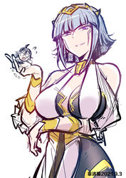  2girls alien arm_scarf black_hair breasts camearra darkness_heels darkness_heels_lili facial_tattoo fei_luo_mao gradient_eyes highres holding large_breasts lili_(darkness_heels) looking_at_viewer multicolored_eyes multiple_girls orange_eyes purple_eyes short_hair tattoo thighhighs tokusatsu ultra_series ultraman_tiga_(series) white_hair yellow_eyes 