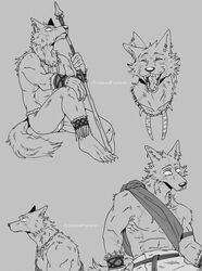  2022 5_fingers 5_toes anthro armor barefoot beastars bottomwear bracers canid canine canis claws clothed clothing ear_flick fangs feet finger_claws fingers fur greyscale hi_res humanoid_feet humanoid_hands jewelry legoshi_(beastars) loincloth male mammal melee_weapon monochrome multiple_poses necklace open_mouth open_smile plantigrade polearm pose prehistoric signature sitting smile solo spear spicedpopsicle teeth toe_claws toes tongue topless topless_anthro topless_male tribal weapon wolf 