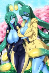  2girls :d absurdres bad_id bad_pixiv_id black_bodysuit black_wetsuit blue_skin blush bodysuit breasts cherry_blossoms cleavage closed_mouth colored_skin commission diving_suit dual_persona english_commentary green_eyes green_hair highres large_breasts lindaroze long_hair monster_girl monster_musume_no_iru_nichijou multiple_girls open_mouth raincoat slime_girl smile suu_(monster_musume) tentacle_hair tree very_long_hair walking wetsuit yellow_raincoat 