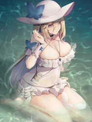  aponia_(honkai_impact) aponia_(mesmerizing_blue) arm_support barefoot blue_eyes breasts butterfly_hat_ornament cleavage closed_mouth feet female hat hat_ornament highres honkai_(series) honkai_impact_3rd large_breasts long_bangs long_hair looking_at_viewer official_alternate_costume outdoors partially_submerged soles solo swimsuit ura_(hamburg_oniku) water white_hat 