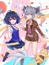  2girls balloon blue_hair blue_skirt bob_cut bow bowtie breasts bronya_zaychik bronya_zaychik_(wolf&#039;s_dawn) brown_jacket brown_shorts cleavage closed_mouth confetti drill_hair grey_eyes grey_hair highres holding_hands homu_(honkai_impact) honkai_(series) honkai_impact_3rd jacket long_sleeves looking_at_viewer multiple_girls open_mouth school_uniform seele_vollerei seele_vollerei_(swallowtail_phantasm) shirt short_hair short_sleeves shorts skirt smile tattoo thighhighs twin_drills white_legwear white_shirt xjx yellow_bow yellow_bowtie 