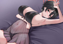  :o absurdres arm_under_breasts armpits bed_sheet black_eyes black_hair black_negligee black_nightgown black_panties blue_archive blush breasts commentary female fluffyebi01 half_updo halo highleg highleg_panties highres huge_breasts lingerie looking_at_viewer lying navel nightgown on_back on_bed panties presenting_armpit puckered_lips red_halo see-through solo stomach thong tsubaki_(blue_archive) underwear underwear_only variant_set 