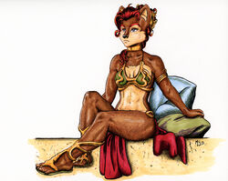  2020 anthro archie_comics athletic athletic_anthro athletic_female bikini bikini_top black_nose blue_eyes bottomwear breasts brown_body brown_fur chipmunk clothed clothing collar costume female footwear fur gold_(metal) ground_squirrel hair hi_res jabba_the_hutt loincloth mammal metal_bikini metal_bra navel pillow pinup pose red_hair revy_lagoon rodent sally_acorn sciurid sega slave slave_leia_costume solo sonic_the_hedgehog_(archie) sonic_the_hedgehog_(comics) sonic_the_hedgehog_(series) star_wars swimwear toned_calves toned_female toned_muscles toned_stomach topwear 