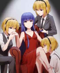  4girls black_bow black_bowtie black_hairband black_jacket black_necktie black_pants black_vest blazer blonde_hair blue_hair blunt_bangs bow bowtie breasts chair clone collarbone collared_shirt commentary crossed_legs dconan_owo dress dress_pants dress_shirt furude_rika hair_between_eyes hairband highres higurashi_no_naku_koro_ni hime_cut houjou_satoko jacket kissing kissing_hand kissing_leg long_hair looking_at_viewer multiple_girls necktie open_mouth pants pink_eyes purple_eyes red_dress shirt short_hair sidelocks sitting sleeveless sleeveless_dress sleeves_rolled_up small_breasts smile suspenders vest white_shirt yuri 