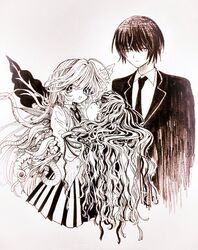  1boy 2girls angel_wings asymmetrical_wings aya_carmine body_horror braid collared_shirt cropped_torso crossover expressionless flower_wings for_elise_-_elise_no_tame_ni formal greyscale hair_between_eyes highres hitomi_hirosuke_(sayonara_wo_oshiete) holding_another&#039;s_head leaf_wings long_hair looking_at_viewer millipen_(medium) mismatched_wings monochrome multiple_girls neck_ribbon necktie open_mouth plant_wings pleated_skirt ribbon sayonara_wo_oshiete school_uniform severed_head shirt side_braids simple_background skirt smile sugamo_mutsuki suit traditional_media very_long_hair vest wavy_hair wings 