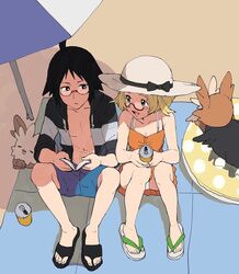  1boy ahoge beach_towel beach_umbrella bianca_(pokemon) black_hair blonde_hair book breasts can cheren_(pokemon) cleavage collarbone female glasses green_eyes herdier holding holding_book holding_can lifebuoy lillipup looking_at_another nashubi_(to_infinity_wow) panties pokemon pokemon_(creature) pokemon_bw2 sandals smile swim_ring towel umbrella underwear 