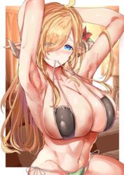  ahoge armpits bikini_in_mouth blonde_hair blue_eyes blush breasts clothes_in_mouth collarbone day demon_girl eyes_visible_through_hair female hair_over_one_eye highres himuro_shunsuke horns huge_breasts indoors long_hair mouth_hold navel original panties pointy_ears side-tie_panties skindentation solo sweat underwear 