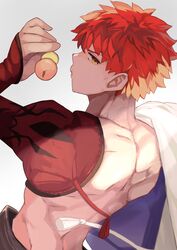  1boy cape dango eating emiya_shirou fate/grand_order fate_(series) food from_behind highres holding holding_cape holding_clothes igote japanese_clothes kamigokuin looking_at_viewer male_focus nagatekkou red_hair senji_muramasa_(fate) short_hair simple_background solo topless_male upper_body wagashi white_cape yellow_eyes 