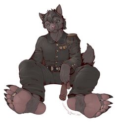  5_toes adrian_(ilovefeetandpaw) anthro barefoot belt bottomwear brown_body brown_fur canid canine canis claws clothed clothing digit_ring epaulet feet foot_fetish foot_focus footwear fully_clothed fur grey_eyes hi_res humanoid_feet jewelry kredri looking_at_viewer male mammal mantle medal military_jacket military_uniform pants pawpads plantigrade ring sitting socks soles solo spread_legs spreading toe_claws toe_ring toes uniform wolf wrinkled_feet wrinkles 