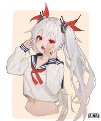  absurdres artist_name azur_lane blood blue_sailor_collar blush breasts commentary crying crying_with_eyes_open female gradient_background hair_between_eyes hair_ribbon highres long_hair long_sleeves looking_at_viewer navel neckerchief nosebleed oerba_yun_fang open_mouth park_sinb_(choacee) red_eyes red_neckerchief red_ribbon revision ribbon sailor_collar school_uniform serafuku shirt signature slap_mark slap_mark_on_face small_breasts solo tears twintails vampire_(azur_lane) very_long_hair white_hair white_shirt 