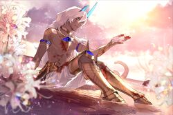  1boy arjuna_(fate) arjuna_alter_(fate) blood fate/grand_order fate_(series) flower gloves horns long_hair male_focus meiji_(meiji770) muscular muscular_male outstretched_hand sitting smile tail water white_hair 