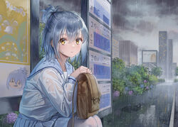  bag blue_hair blue_sailor_collar blue_skirt city closed_mouth commentary female hair_between_eyes half_updo haneru haori_haruki himitsu_no_jugyou holding holding_bag long_hair long_sleeves medium_hair outdoors overcast pantyhose pleated_skirt rain sailor_collar shirt skirt sky smile solo wet wet_clothes wet_shirt white_pantyhose white_shirt yellow_eyes 