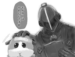  1boy a-kiraa_(whisper) bondrewd clipboard crossover gloves greyscale hand_on_another&#039;s_head headpat helmet highres holding holding_clipboard made_in_abyss male_focus molcar monochrome parody potato_(pui_pui_molcar) pui_pui_molcar simple_background translated white_background 