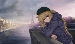  absurdres beret black_headwear blonde_hair blue_eyes blue_jacket blush breasts contemporary eiffel_tower fate/apocrypha fate_(series) female france grey_sky hat highres jacket jeanne_d&#039;arc_(fate) jeanne_d&#039;arc_(ruler)_(fate) large_breasts long_hair long_sleeves looking_at_viewer ootato outdoors paris ponytail real_world_location sky smile snowing very_long_hair 